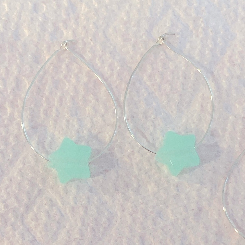 HANDMADE Teardrop Hoop Earrings Sterling Silver Luminous Star bead blue